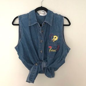 Vintage “Calling All Cuties” Looney Tunes Denim Sleeveless Top